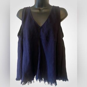 Women’s Navy Linen Tank Top split back fringe trim top NWOT Anthropologie size L